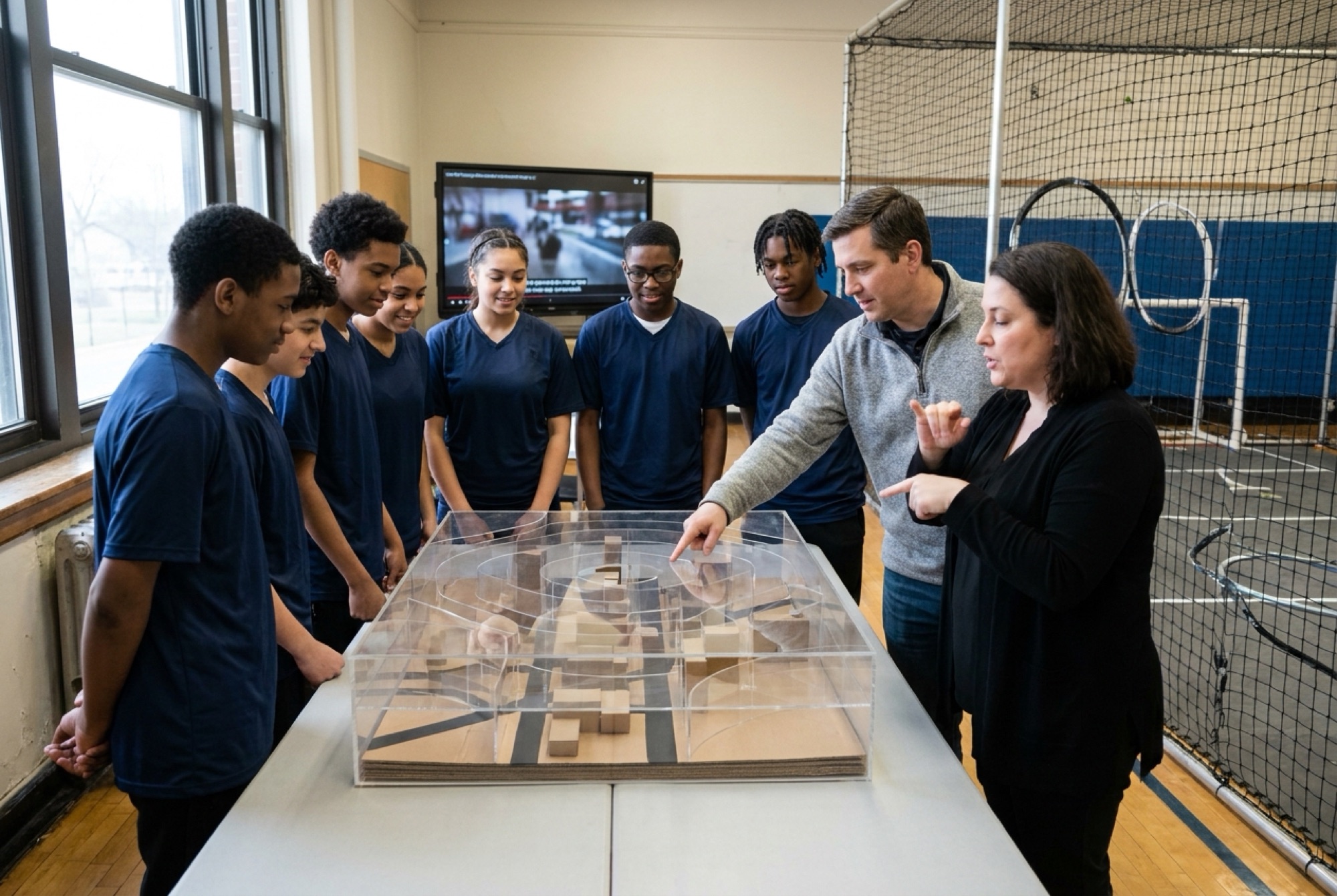 Students studying a 3D airspace model with an instructor and an ASL interpreter