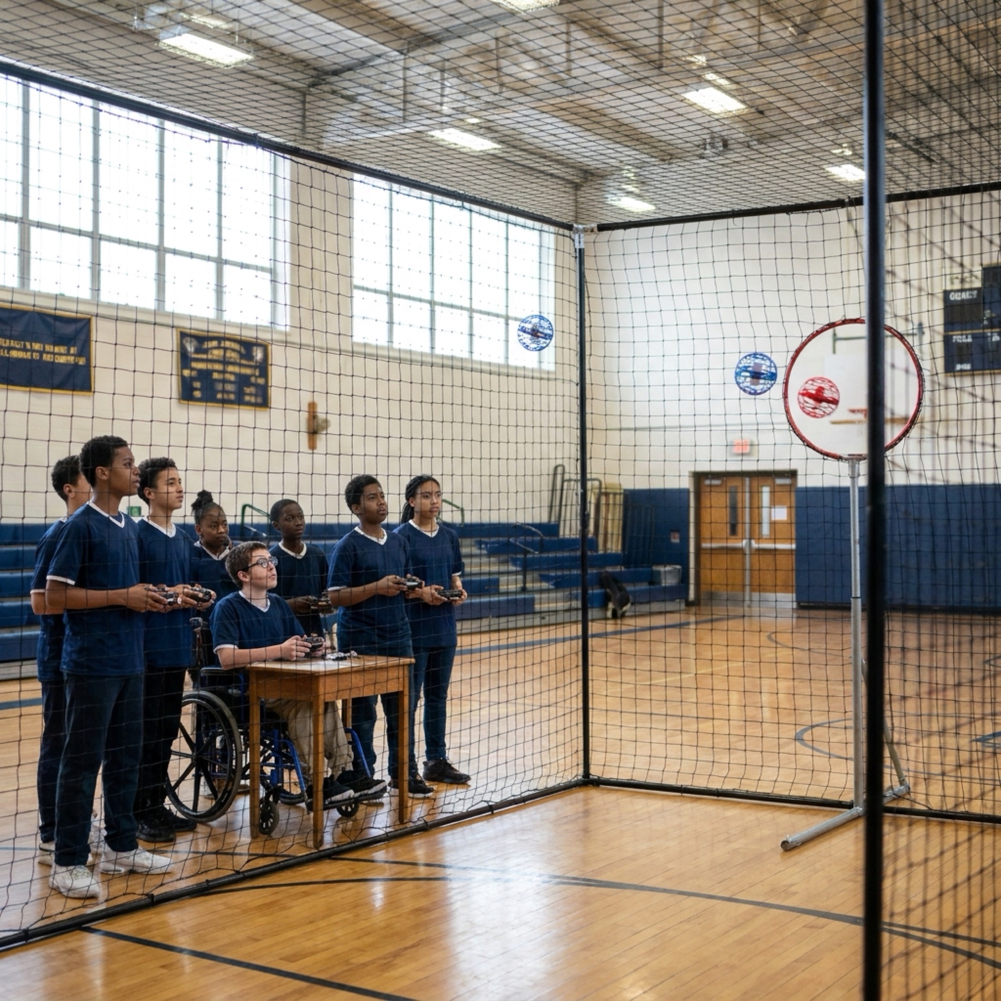 Student pilots lined up outside the netted arena during a match