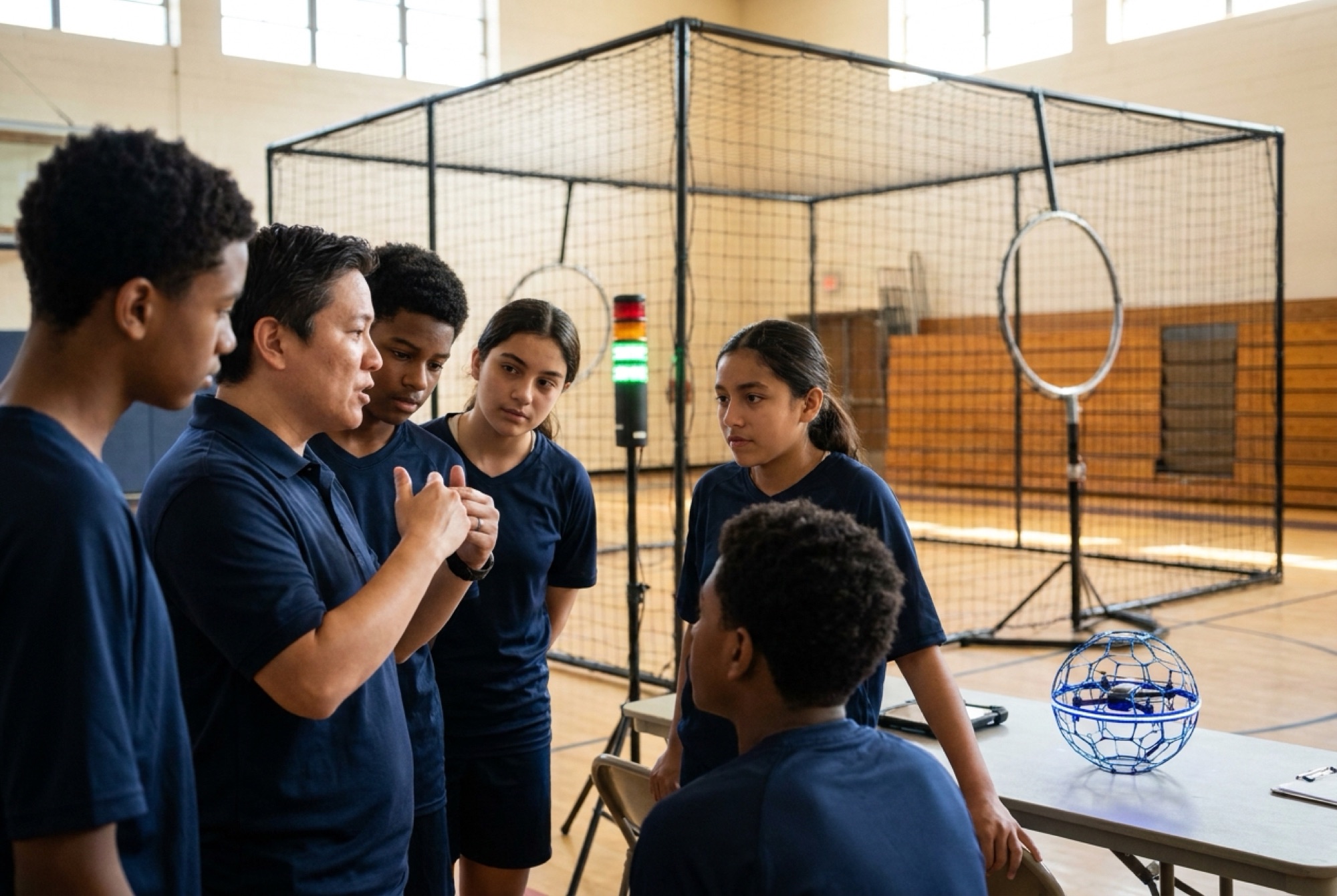 A coach talking with a group of student pilots beside a green tower light and the netted arena