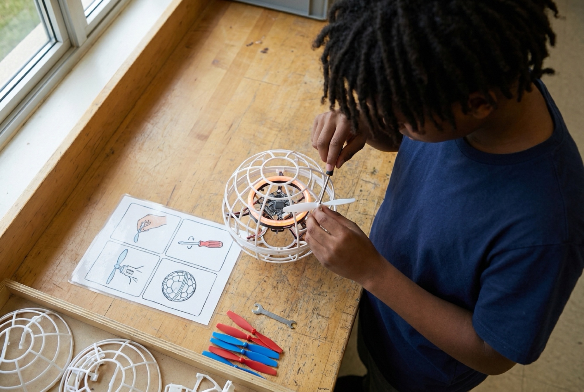 A student replacing a propeller next to a picture checklist