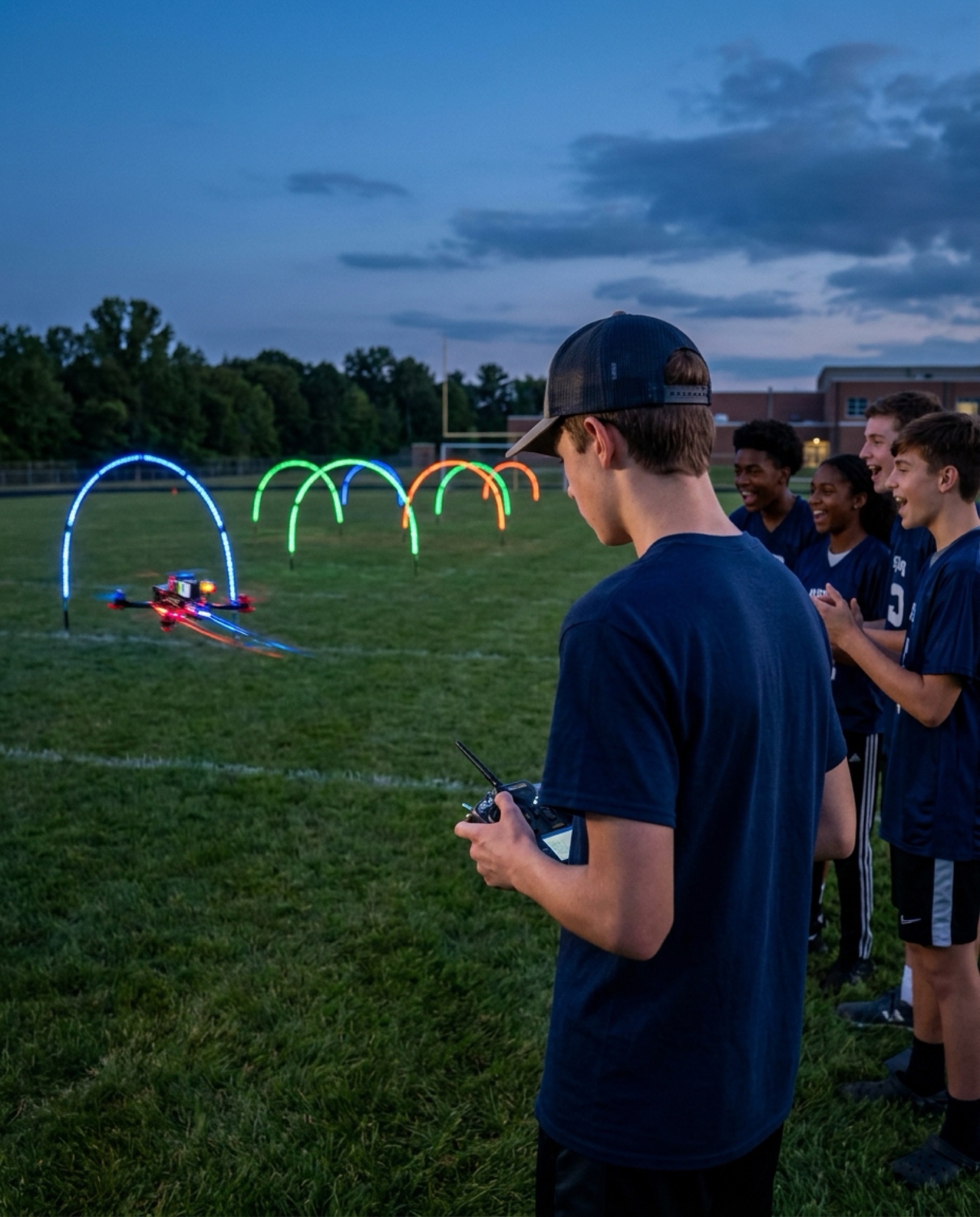 A student pilot racing a drone through glowing gates on a sports field at dusk