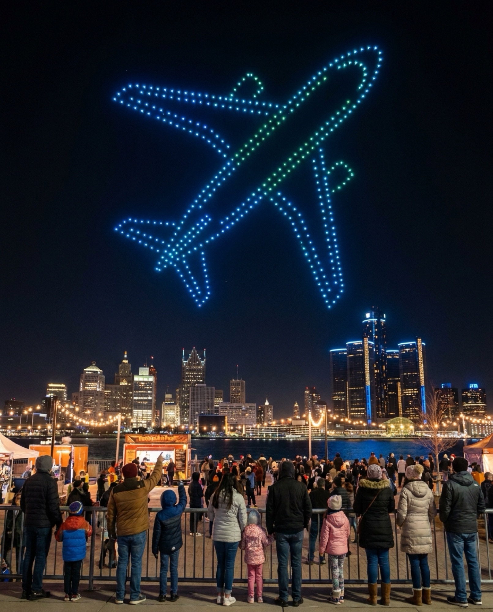 A drone light show over a crowd at a riverfront festival