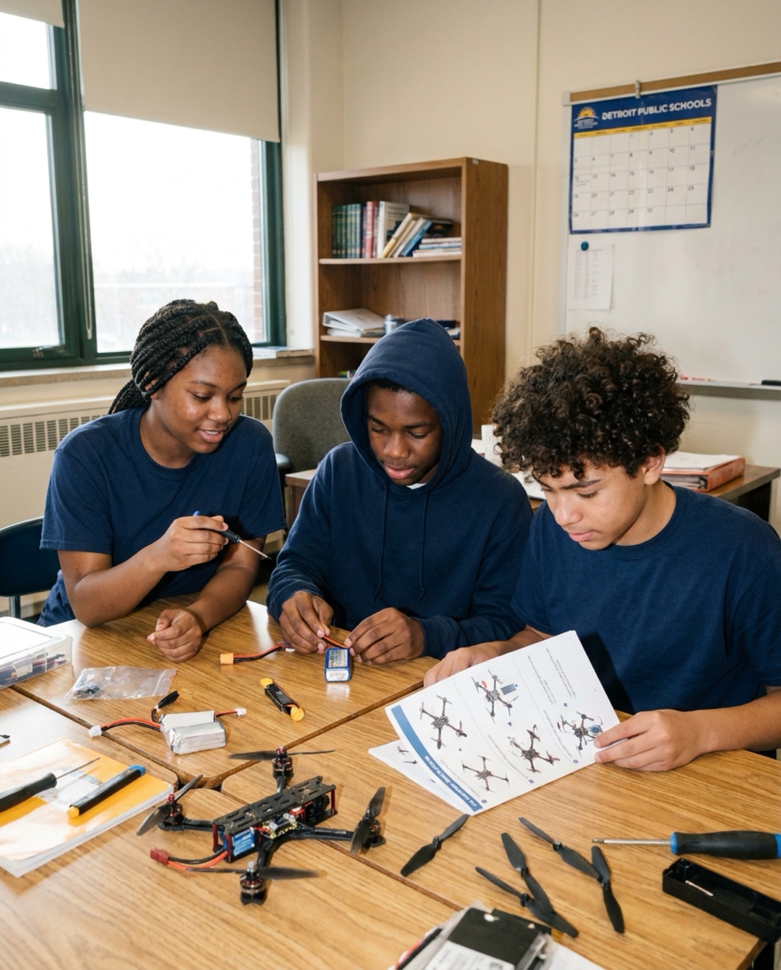 Students assembling a drone together at an after-school club