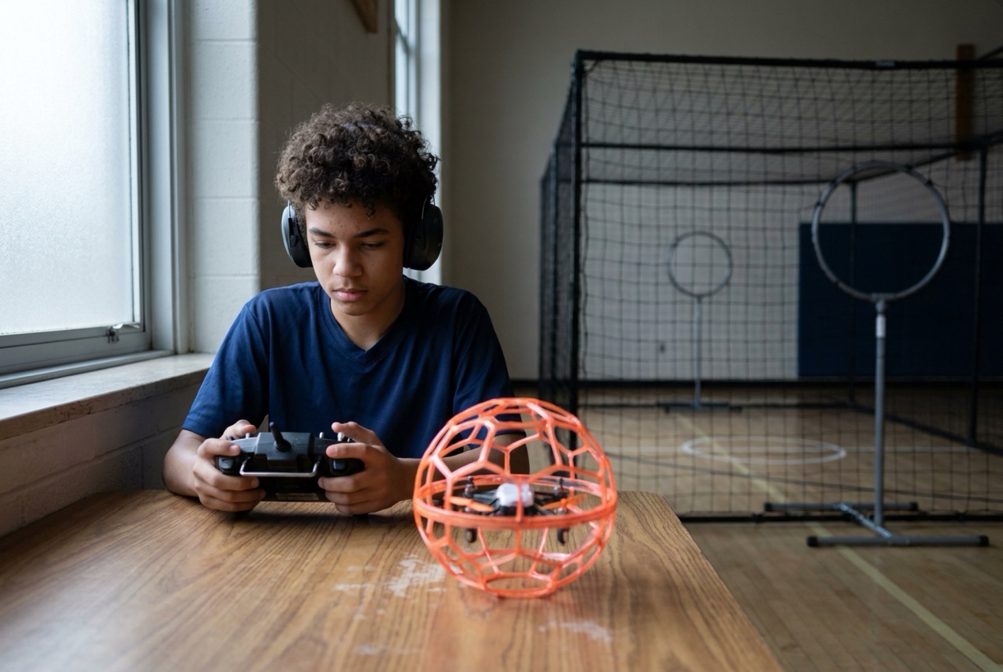 A student wearing headphones concentrating on a drone controller in a calm corner of the gym