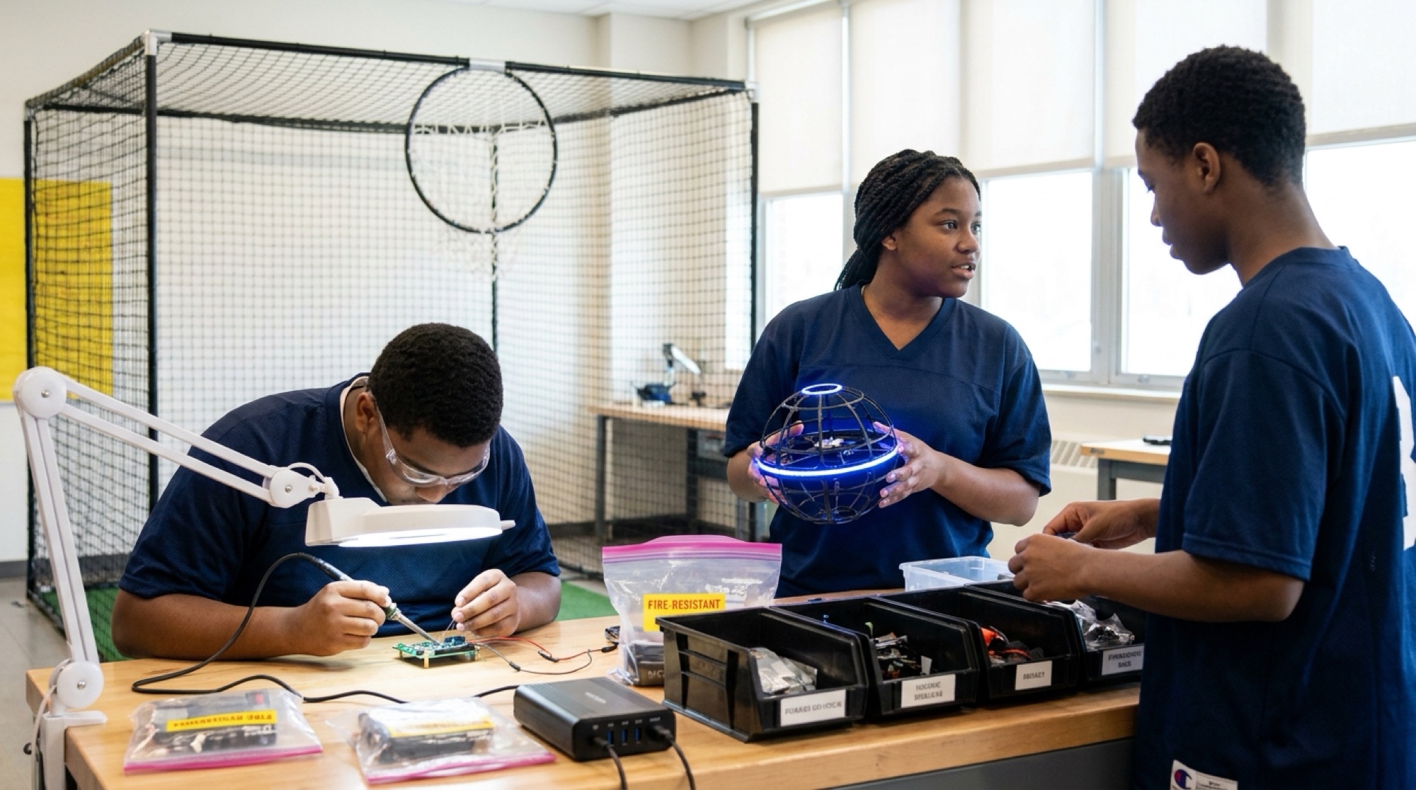 Students soldering and assembling drones together at a repair station