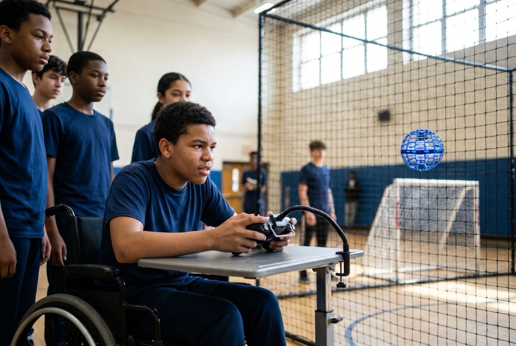 A student who uses a wheelchair flying a drone from a height-adjustable pilot table